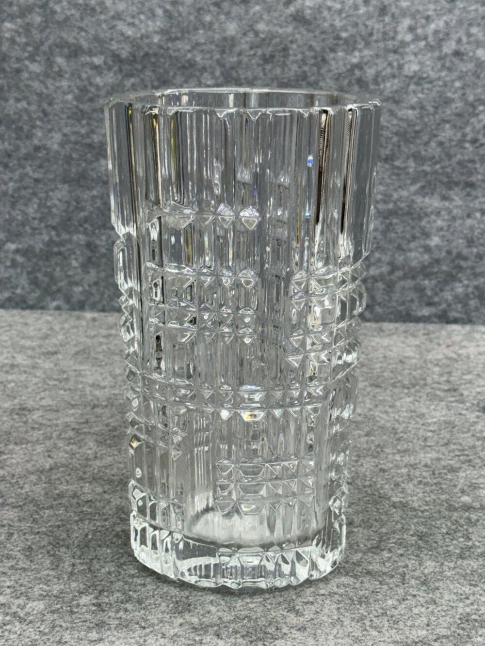 Vintage American Cut Crystal AMC15 10" Flower Vase Heavy Geometric Plaid Patter